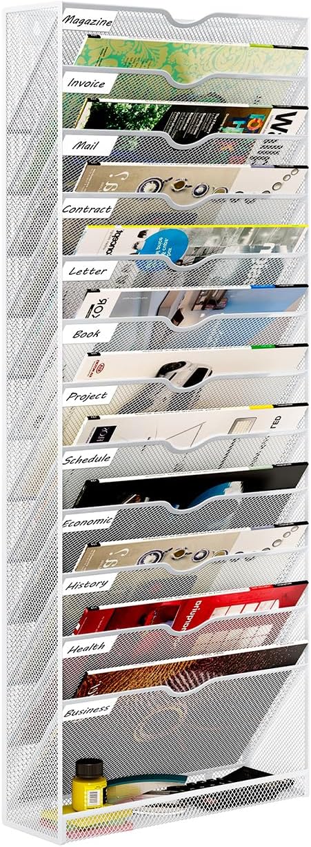 Hanging Wall File Organizer,13-Tier Desk File Mail Holder, Paper Bill Organization For Office Home School, White