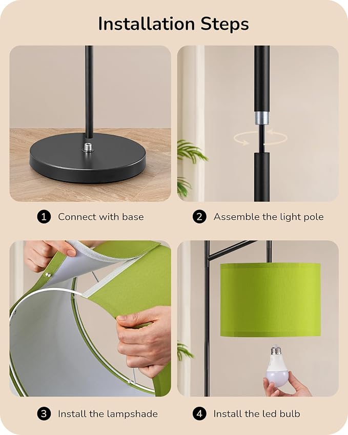 EDISHINE Modern Floor Lamps for Living Room, 64.7" Green Standing Lamp | 3 Color Temperatures, Bulb Included, Adjustable Linen Shade, Foot Switch, Minimalist for Bedroom, Living Room, Office