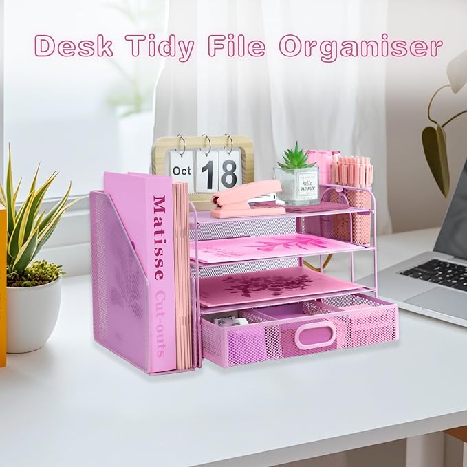Desk Organizers and Accessories with File Holder, 4-Tier Paper Letter Tray Organiser with Drawer and 2 Pen Holder, Mesh Desktop Document Organizer for Office Supplies, Workspace - Pink