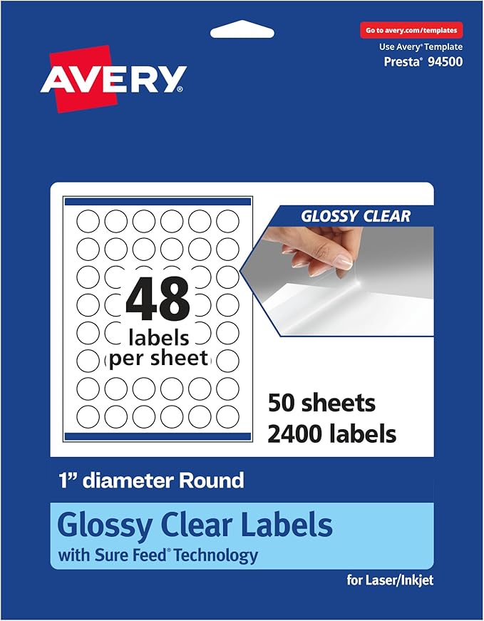 Avery Glossy Clear Round Labels, Sure Feed Technology, 1" Diameter, 2,400 Glossy Clear Labels, Print-To-The-Edge, Laser/Inkjet Printable
