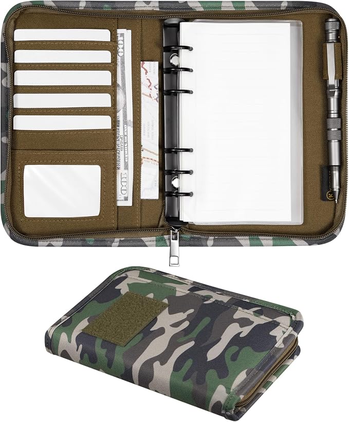 Kosibate Padfolio Ring Binder with 45 Sheets 90 Pages of Loose-Leaf Paper, Weatherproof Notebook Cover, Tactical Notebook with Zippered for Folders, Business Cards Refillable 6-Ring Notepad(5.5"x8.5")