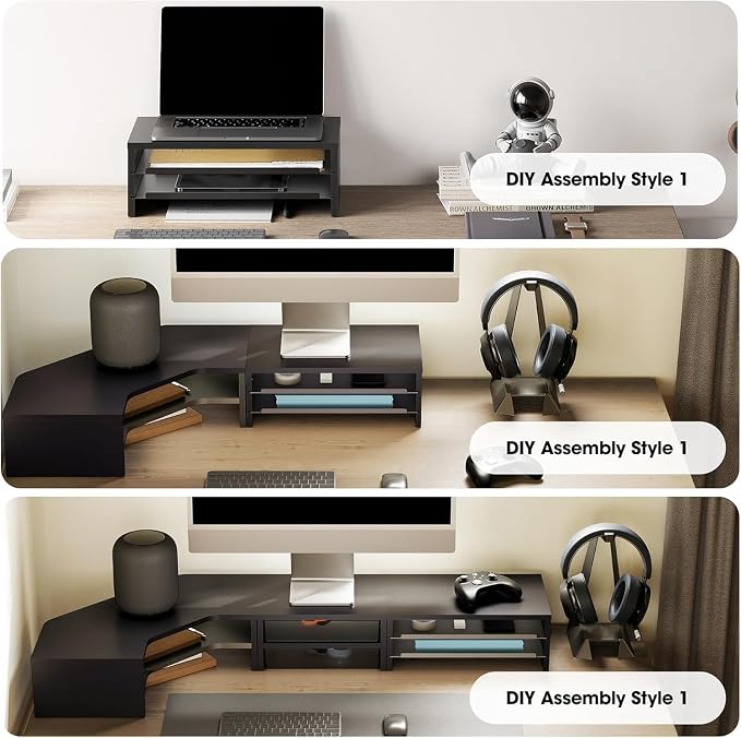 Fenge 14.3-Inch Monitor Stand with Slide-Out Trays, Wood & Metal Desk Shelf | 3-Tier Space-Saving Desk Storage Organizer, Fits Computer, Laptop, Printer and Telephone