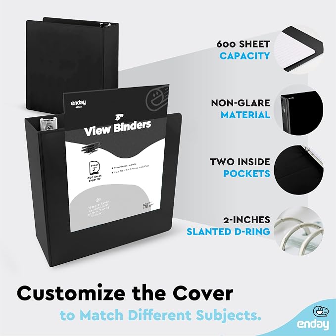 Enday 3 inch Binder (6 Pack - Black) 3 Ring Binder 3 inch with Clear View Cover and 2 Inside Pocket - for Letter Size 8.5 x 11'' Paper, Ideal for School Supplies, Office, and Home