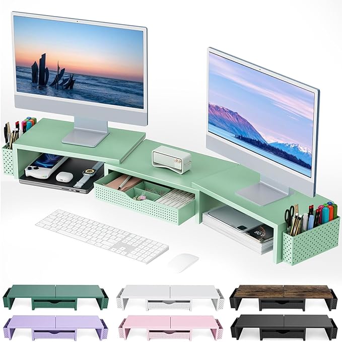 gianotter Dual Monitor Stand Riser With Drawer and 2 Pen Holders | Desk Organizer and Accessories Computer Monitor Stand, Desk Shelf for Top of Desk (Sage Green)
