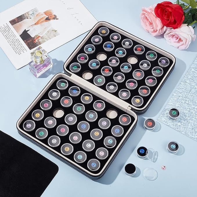 BENECREAT 60 Pcs Closeable Gemstone Collection Storage Box with Foam Insert, 1.2x0.6 Inch Plastic Gem Jars, Display Tray Set for Loose Diamond Collectibles Crystal, Diamond Display Case