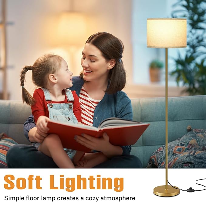 60'' Modern Floor Lamp with Shade, Tall Lamps for Living Room, Bedroom, Office, Dining Room, Beige Shade with Gold Pole(Without Bulb)