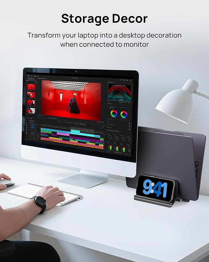 Vertical Laptop Stand Holder for Desk Compatible with MacBook Air, MacBook Pro Stand Vertical Aluminum Up to 17 inch, Gravity Auto-Lock Cooling, 3-in-1 Space Saving Desk Organizer Accessories