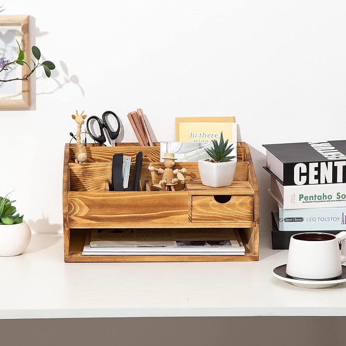 Wood Desk Drawer Organizers with File Organizer Pen holder Decor combo for Desk Organization, Office Desks, Home can arrange calculators, scissors, pens, note papers, etc. (Baked color)