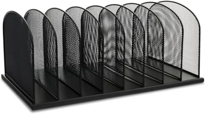 Safco Onyx Desk Organizer, 8 Side by Side Vertical Compartments, Office and Classroom Mailbox, Paper and Mail Sorter, Steel Mesh, Black