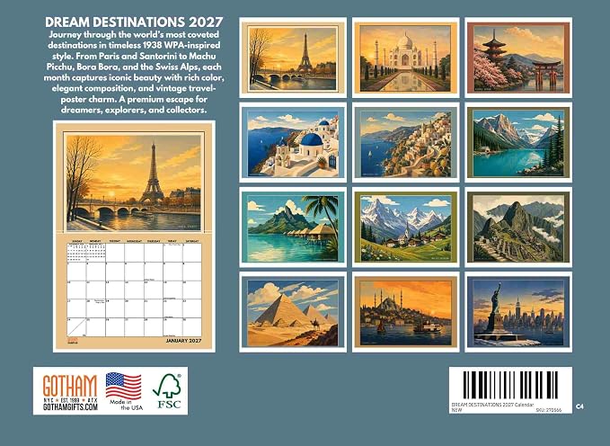 Vintage World Travel Calendar 2027 Monthly Wall Calender 12 Month | American Made In The USA