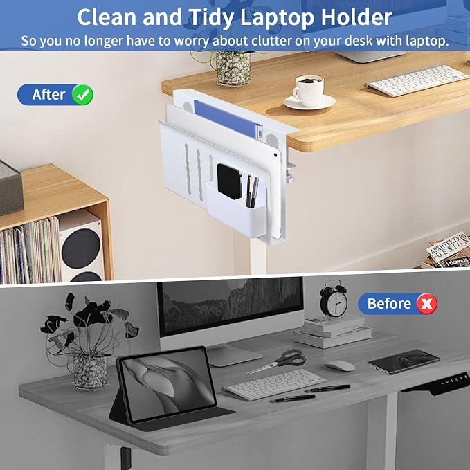 LUKETURE Desk Side Storage, Steel Side Desk Organizer, No Drill Laptop Holder, Clamp on Laptop Mount with Pen Holder, Table Hanging Storage for Home Office, Fits Flat Edge Tables 0.3" to 2.8" | Steel Side Desk Organizer, Clamp on Laptop Mount with Pen ...