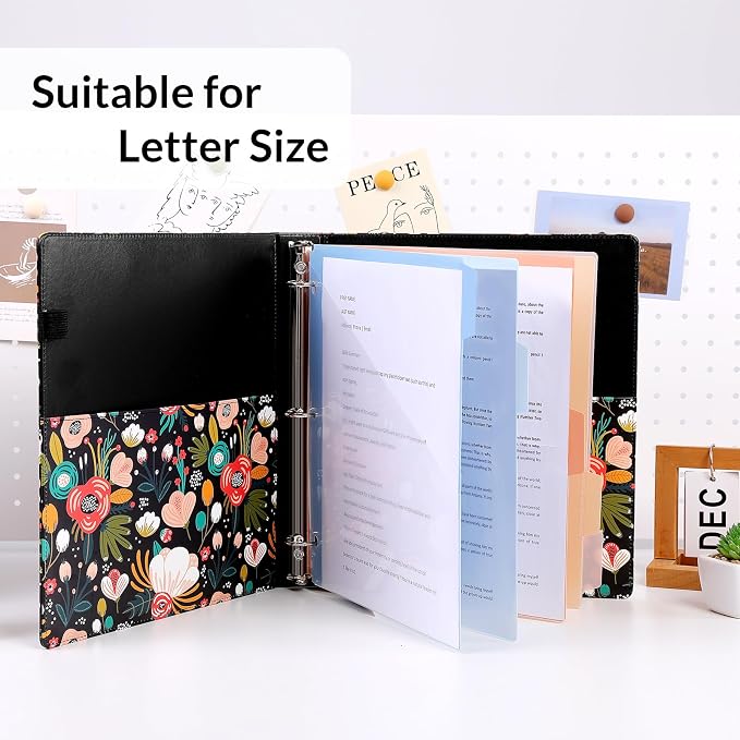 SKYDUE 1 Inch 3-Ring Binder with Clipboard, PU Binder with 5 Dividers, Notepad, Stickers & Pockets for Work and School - Aesthetic Binder (Letter Size)