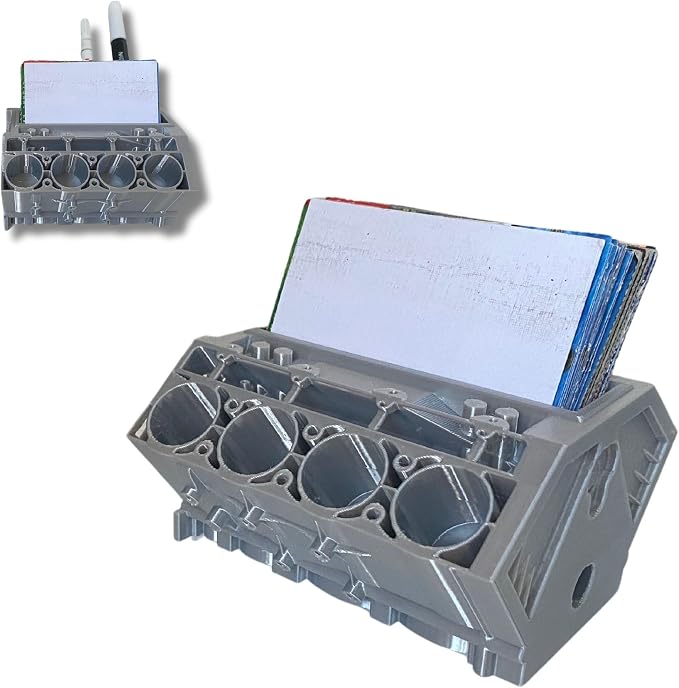 V8 Engine Business Card Holder - Shiny Silver Desk Decoration for Car Enthusiasts | 3D Printed PLA