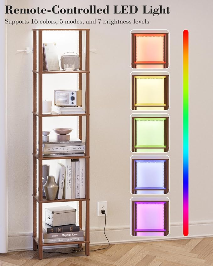 Open Book Shelf with LED Lights, 6 Tier Tall Bookshelf, Freestanding Shelf Narrow Bookcase with Open Shelves, 14.57" x 10.63" x 65.83", Book Shelves for Living Room, Office, Study, Walnut