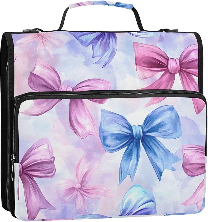 3 Ring Zipper Binder with Shoulder Strap Pink Blue Bow Tie Dye 2 Inch Zippered Binder Bag 500 Sheet Capacity Multi Pockets for School Supplies