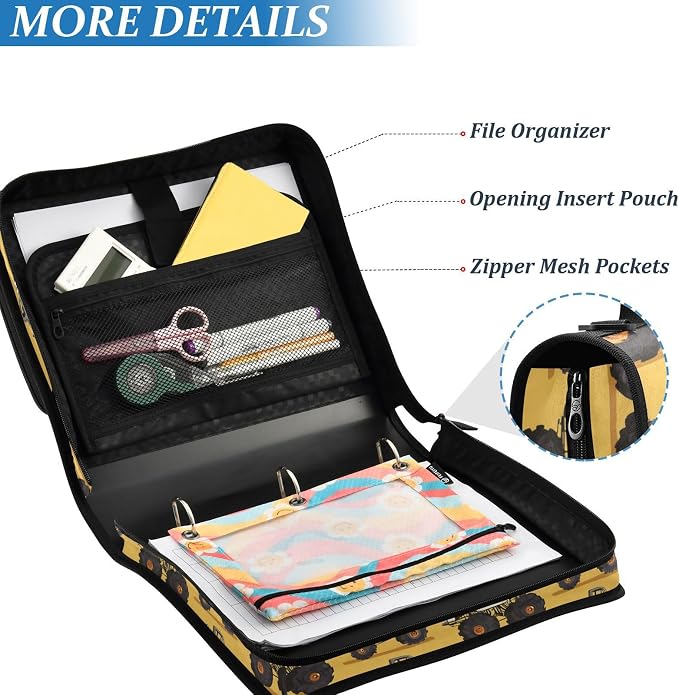 Aslsiy Zipper Binder Bag for Girls Boys Green Monster Trucks Yellow Kids 1.5 inch 3-Ring Binder Organizer with Shoulder Strap for School Office Supplies
