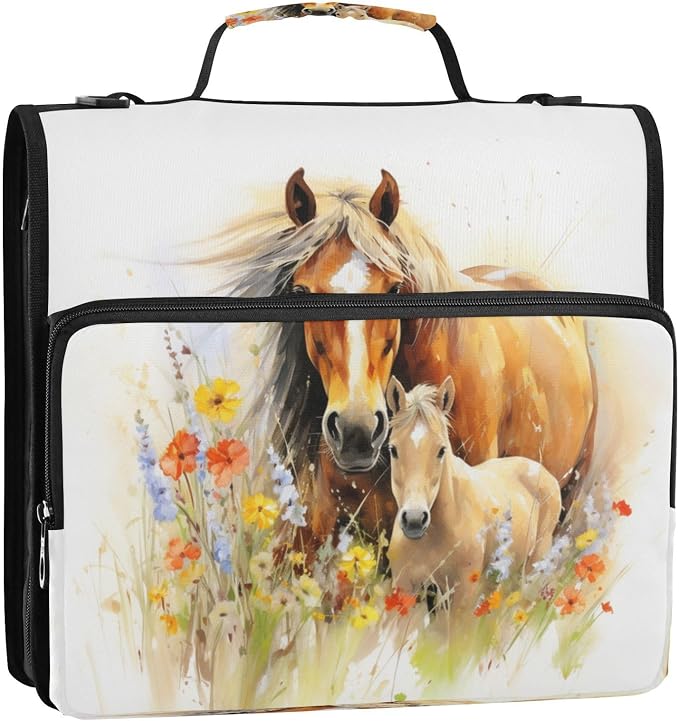 ALAZA Zipper Binder 3 Ring Horse Animal with Flowers Binder Organizer with Zipper and Shoulder Strap Large Capacity Multi-Pocket Trapper Keeper File Folder for Office Supplies
