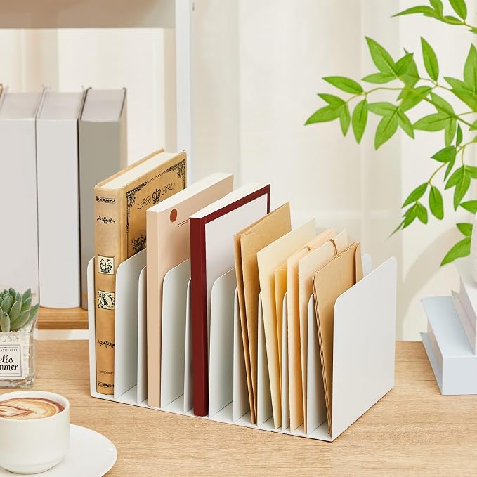 Suzile Metal Desktop File Organizer, 10 Compartments, Vertical File Sorter, White, 5.79" W x 10.63" L x 5.41" H, Office, Reception Areas, Workspace
