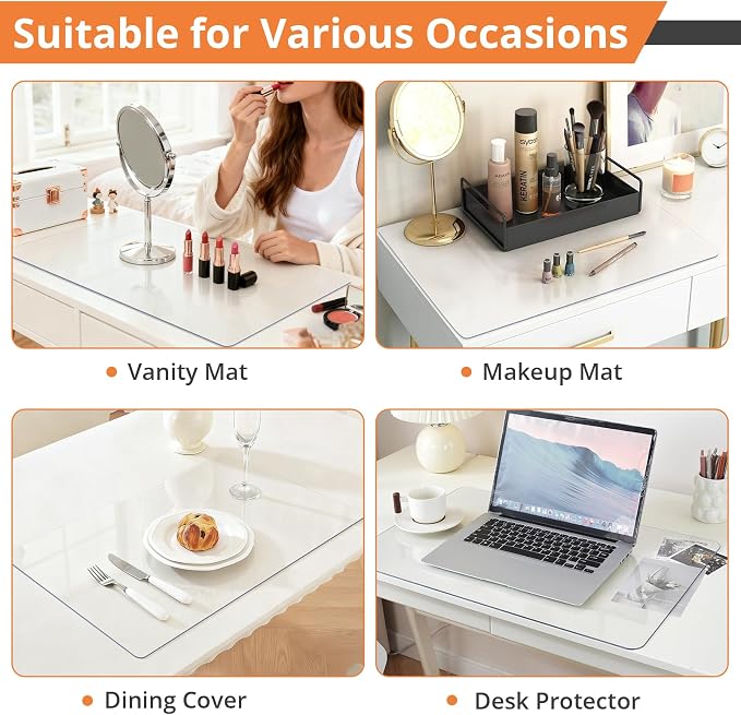 LovePads Makeup Mat for Vanity, 14" x 24" PVC Desk Mat & Dresser Cover Top | Waterproof Desk Protector, Vanity and Desk Accessories; Wipes Clean, Ideal for Writing, Nail Art, Craft Table, Clear