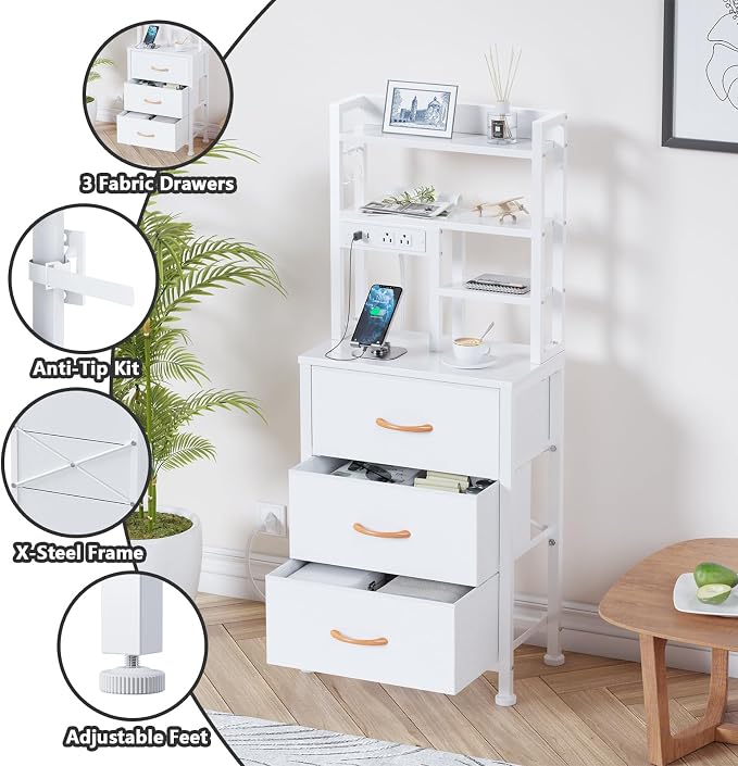 Tall Nightstand, White Night Stand & Bedside Table for Bedroom | LED Lights & USB Ports & type-C, 3 PVC Fabric Drawers and 4-Tier Storage Shelf, Bedside Table for Bedroom, Dorm