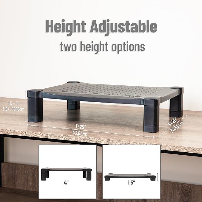 Mind Reader Monitor Stand, Height Adjustable, Desktop Organizer, Laptop Riser, Office, 17.25"L x 13.25"W x 4"H, Black
