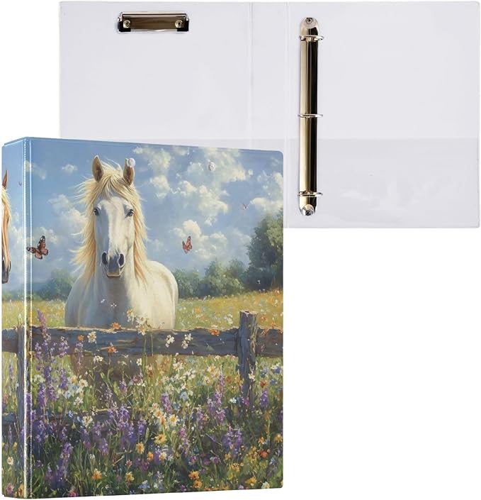 Horse Lavender White 3 Ring Binder with 2 Interior Pockets 1.5 inch Binders 3 Ring Heavy Duty Fit 8.5" x 11" Letter Size for Office School, 2 Pack