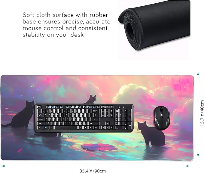 Anime Black Cat Gaming Mouse Pad, Blue Pink Dreamy Desk Mat with Anti-Slip Base & Stitched Edges,35.4" x 15.7" in Table Mat for Computer Desktop, Beautiful Workstation Decor
