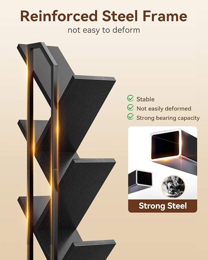 Casaottima Tree Bookshelf with LED Lights, 6-Tier Small Bookshelf, Black | Narrow Bookcase for Small Spaces, Steel & Wood Storage Shelf with Cabinet, Home Organizer for Living Room, Bedroom, Office