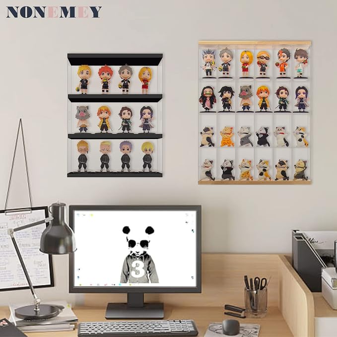 NONEMEY Clear Acrylic Display Case Stand 3 Tier Storage Box Wall Mount Showcase Dustproof Organizer Box for Collectibles (Black 3Tier 12×3.3×15inch)