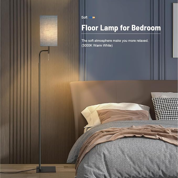 Modern Floor Lamp with 3 Color Temperatures, Square Linen Shade & Solid Iron Flat Base for Stability - Perfect for Compact Spaces Under Sofas or Behind Sectionals, Living Room, Bedroom, Office, Blue