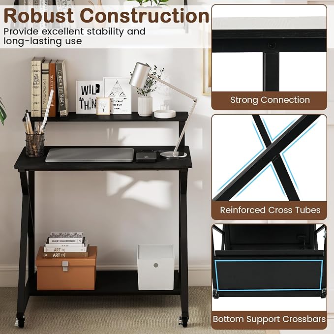 GIANTEX Rolling Small Desk with Storage, Compact Computer Desk for Small Spaces with Charging Station, Monitor Stand, Lockable Wheels, Study Writing Desk for Home Office, Bedroom (Black)