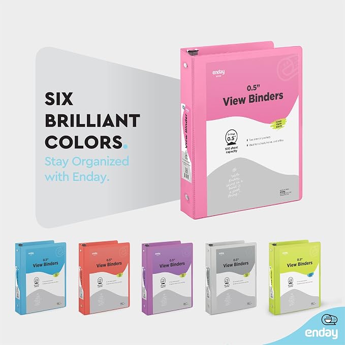 Enday 1/2 inch Binder 3 Ring Binder (6 Pack - Pink) O-Ring Binder with Clear View Cover and 2 Inside Pocket - for Letter Size 8.5 x 11'' Paper, Ideal for School Supplies, Office, and Home