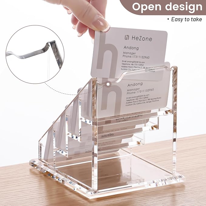 HeZone Acrylic Card Holder Clear Horizontal Business Card Organizer Stand for Desk 4 Slots 4 Tier Business Cards Stand for Women and Men,Office Desk Accessories,Organize 200 Cards-1 Pack(4Slots-H)