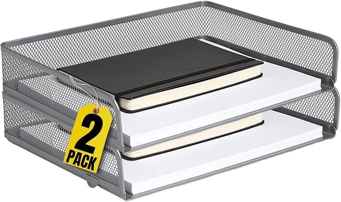 1InTheOffice Desk Tray, Letter Tray, Stackable, Side Load, Silver Mesh, 2 Pack