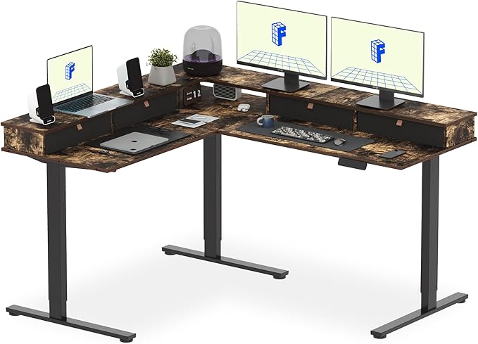 FLEXISPOT 63" L Shaped Standing Desk Electric Corner Table with Shelf, 4 Storage Drawers, Adjustable Computer Workstation for Home, Office, Game, Studio, Rustic Brown Top + Black Frame