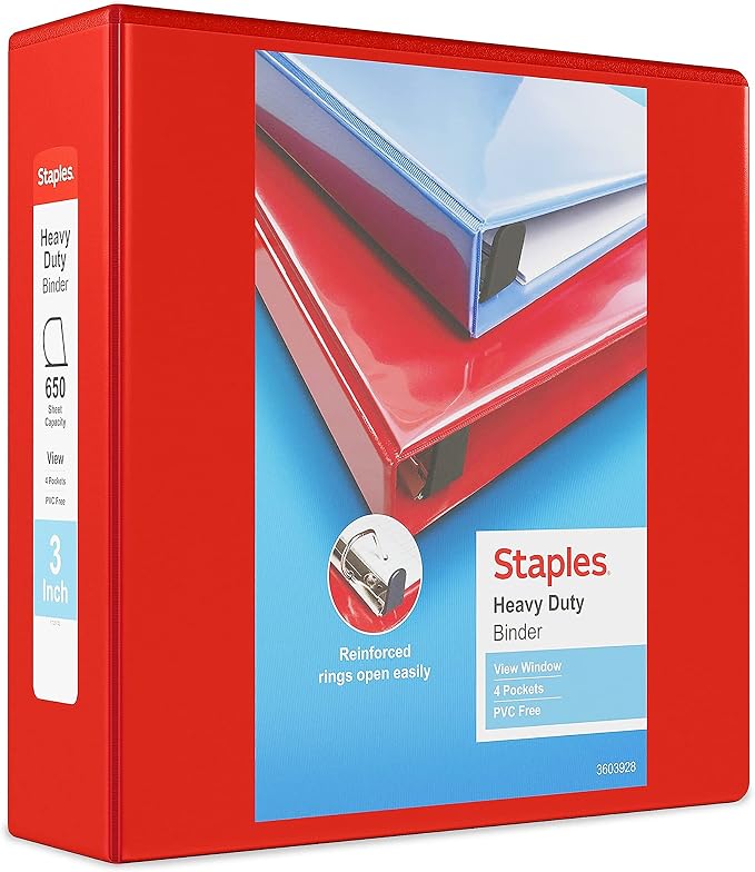 Staples Heavy Duty 3-Inch 3-Ring View Binder, Red, 2-Pack | Durable D-rings, 4 interior pockets, and clear overlay for high-capacity storage.