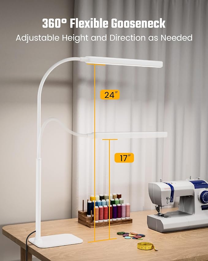 SUPERDANNY Eye-Caring LED Desk Lamp Work Lamp Office Lamp with Base | White, Touch Control, 360° Flexible Gooseneck, 3 Modes Smooth Dimming, Memory Function, Adapter, Metal, for Home Office Dorm