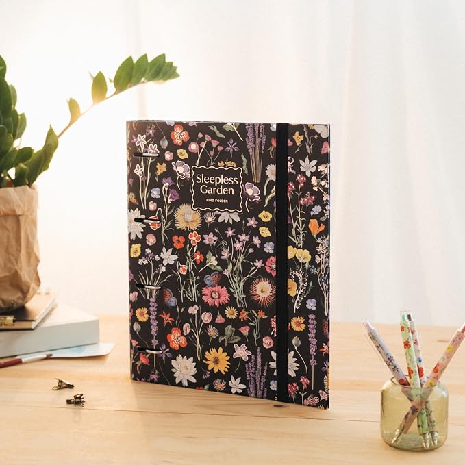 Grupo Erik 4 Ring Binder A4 - Sleepless Garden, Stationery Gifts | A4 Folder with Elastic closure, School Folders for Paperwork A4, Back to School Supplies | Cute Stationary Gifts