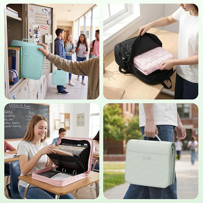 SUNEE Zipper Binder with Handle, 1.5 Inch O-Ring, 325 Pages Capacity, with 5-Tab Expanding File Folder for Classified Storage, Small Size Lightweight Zipper Bag for Middle School Students, Sage Green