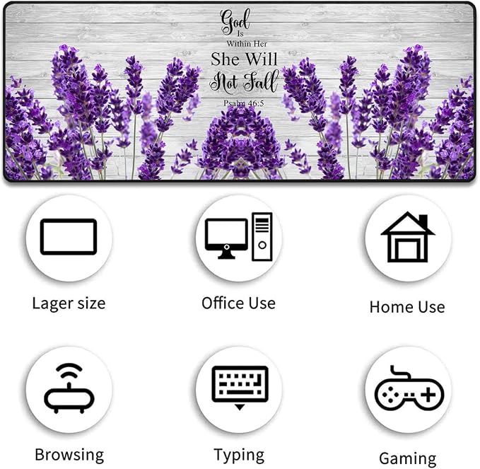 Large Gaming Mouse Pad 31.5x11.8 Inch Keyboard Pad + Ergonomic Wrist Rest Pad and Coaster with Non-Slip 3-Piece Desk Supplies Set, Bible Psalm 46:5 Lavender Design for Gamers/Office/Study
