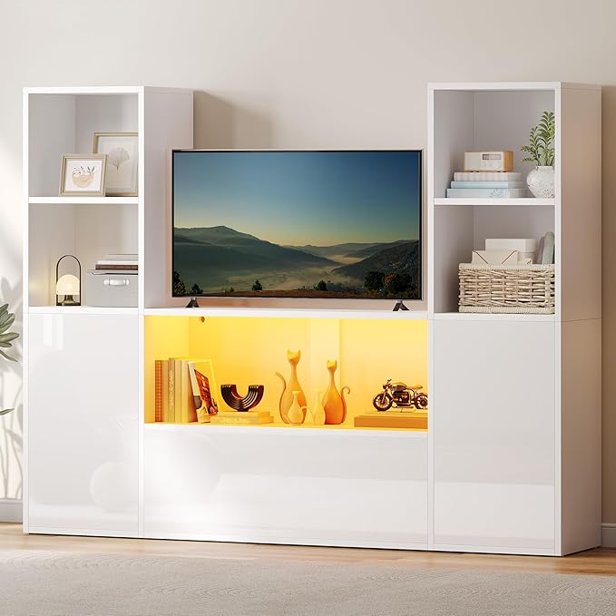 YITAHOME Castle Bookcase with Storage & Adjustable LED Lights | U-Shaped White Bookshelf with Cabinet, UV High-Gloss Display Unit, Cube Organizer for Living Room, Home Office and Bedroom