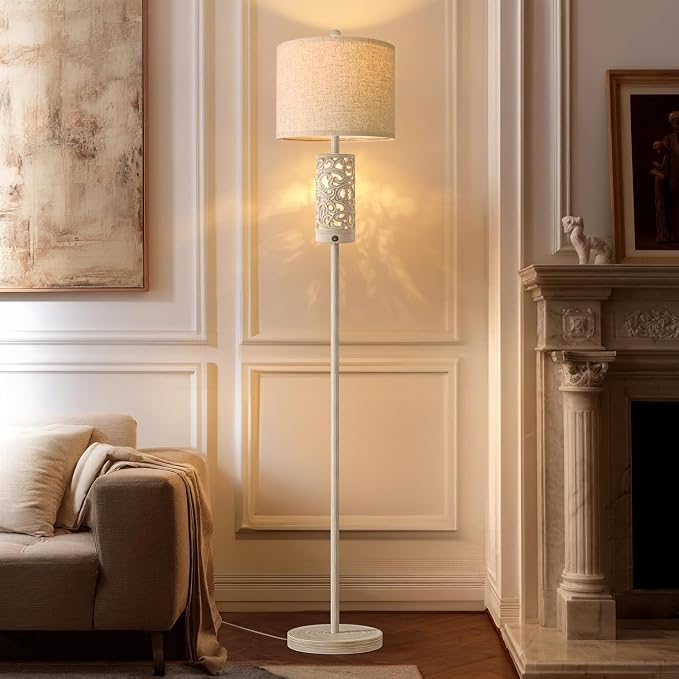 65“ Farmhouse Floor Lamp for Living Room, Rustic Floor Lamp with Main&Night Light,Linen Shade&Dual Switches, Standing Lamp for Bedroom Office Corner Dining Room, Wood Pole Lamp