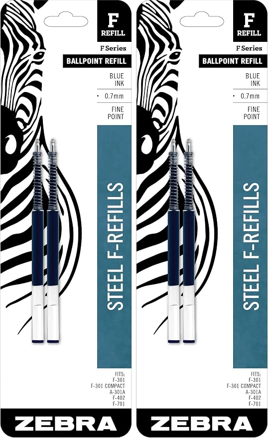 Zebra Pen F-Series Ballpoint Stainless Steel Pen Refill, Fine Point, 0.7mm, Blue Ink, 2-Count (Pack of 2)