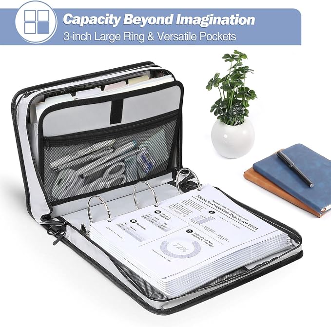 MoKo Zipper Binder with Strap, 3 Inch 3 O Ring, 600 Sheets, Blue & Gray | Water-repellent nylon with 2 folders, 2 mesh pockets and a outer pockets, reinforced handle and adjustable shoulder strap.