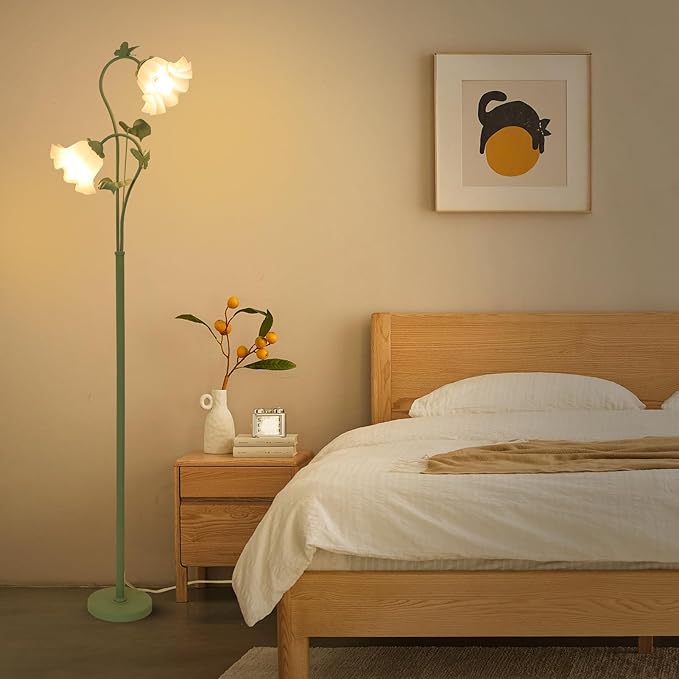 HMVPL Flower Floor Lamp for Living Room, Vintage Floor Lamp with 2 LED 5W Blubs, Foot Switch, Green Standing Lamp with Acrylic Shade, Unique Floral Tall Lamp for Living Room Bedroom Corner Office