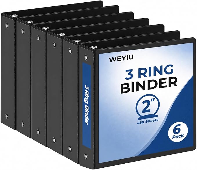2 Inch 3 Ring Binders, 6 Pack Black Clear View Binders with 2 Interior Pockets, Round Ring Binder Holds 450 Sheets of 8.5 x 11 Inch Paper for Manuals, Records and Projects