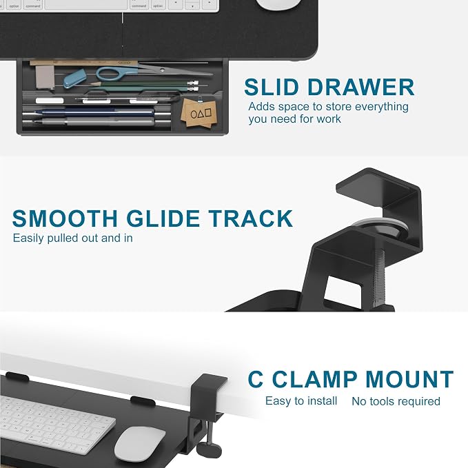 ETHU Keyboard Tray Under Desk, 19.7" X 11.81" Small Size Keyboard Drawer with C Clamp-on Mount Easy to Install, Computer Keyboard Stand Slide Pull Out, Ergonomic Keyboard Tray for Home & Office, Black