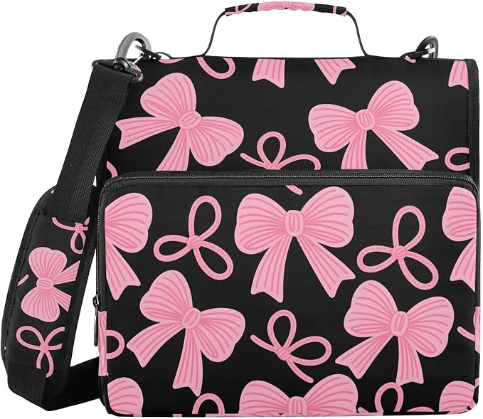 Pink Bow Black Zipper Binder Bag 3 Ring Binder with Shoulder Strap Zip Up 500 Sheets Capacity Multi Pockets for School Office Supplies