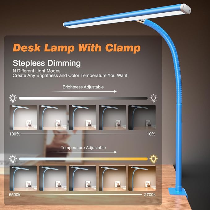 Airlonv LED Desk Lamp with Clamp, 17" Stepless Dimming Light, Blue | 2700K-6500K, 100 LEDs, 360° Gooseneck, Fits Up to 30" Monitors, Flicker-Free Lighting for Home Office, Study& Workbench