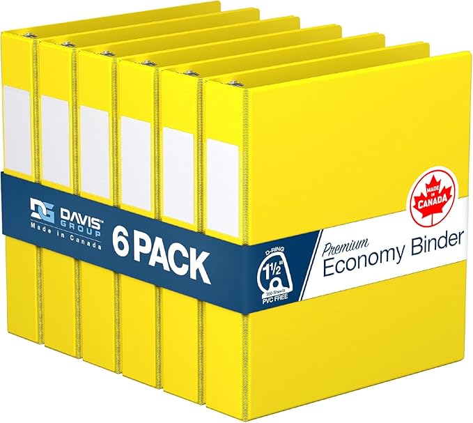 Premium Economy 6-Pack 3-Ring Binders for School or Office, D-Ring Binders, 1.5 Inch, Yellow | Heavy-duty binder, fits 8.5" x 11" paper, yellow, customizable spine, made in Canada, ideal for school or office use